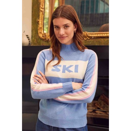 Limited Edition Merino Wool Ski Slim Funnel Neck Jumper | Serene Blue/Cream/Pink New Stock