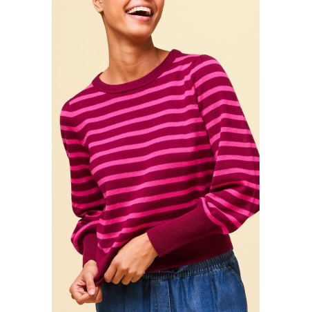 Limited Edition Merino Wool Stripe Crew Neck Jumper | Wine/Pink New Stock