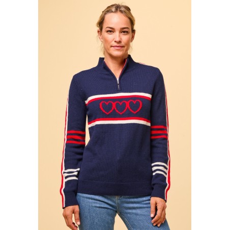 Limited Edition Merino Wool Stripe Hearts Quarter Zip | Navy/Cream/Red Just In