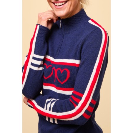 Limited Edition Merino Wool Stripe Hearts Quarter Zip | Navy/Cream/Red Just In