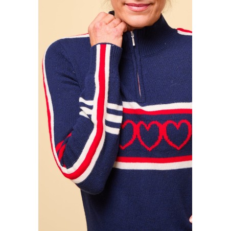 Limited Edition Merino Wool Stripe Hearts Quarter Zip | Navy/Cream/Red Just In