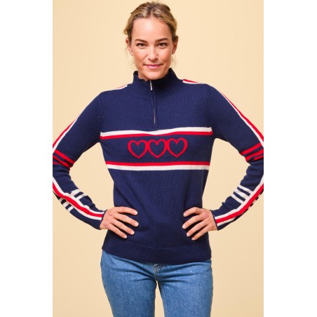 Limited Edition Merino Wool Stripe Hearts Quarter Zip | Navy/Cream/Red Just In