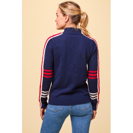 Limited Edition Merino Wool Stripe Hearts Quarter Zip | Navy/Cream/Red Just In