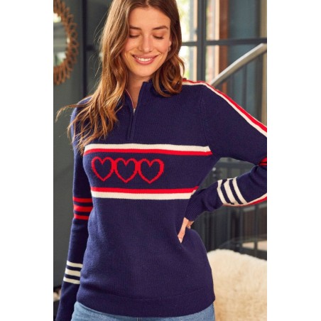 Limited Edition Merino Wool Stripe Hearts Quarter Zip | Navy/Cream/Red Just In