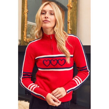 Limited Edition Merino Wool Stripe Hearts Quarter Zip | Red/Navy/Cream In Stock