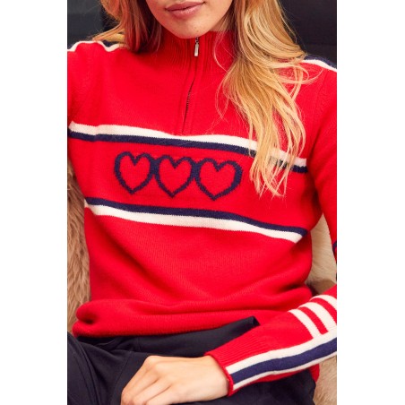 Limited Edition Merino Wool Stripe Hearts Quarter Zip | Red/Navy/Cream In Stock