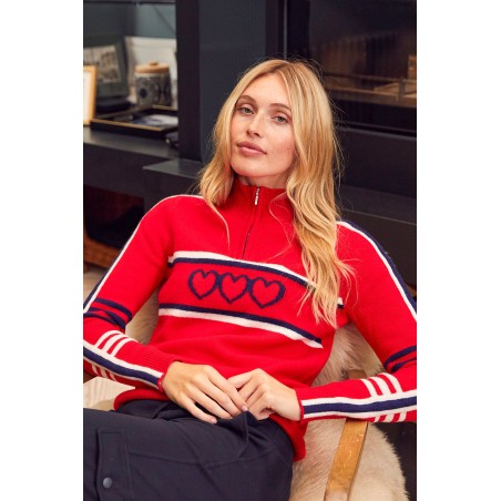 Limited Edition Merino Wool Stripe Hearts Quarter Zip | Red/Navy/Cream In Stock