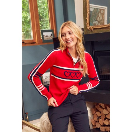 Limited Edition Merino Wool Stripe Hearts Quarter Zip | Red/Navy/Cream In Stock