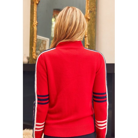 Limited Edition Merino Wool Stripe Hearts Quarter Zip | Red/Navy/Cream In Stock