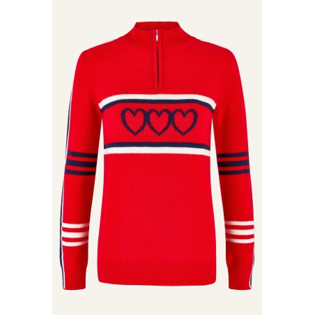 Limited Edition Merino Wool Stripe Hearts Quarter Zip | Red/Navy/Cream In Stock