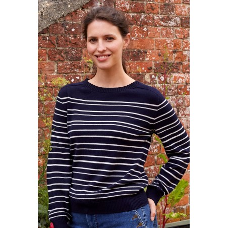 Limited Edition Striped Merino Wool Crew Neck Sweater | Navy/ Cream On Hand Now