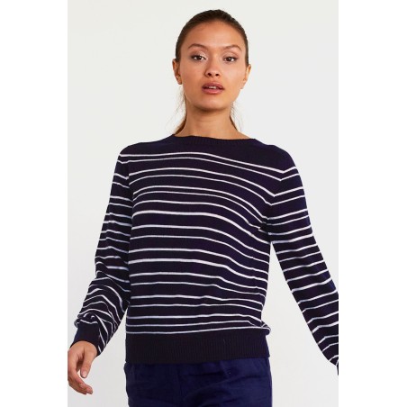 Limited Edition Striped Merino Wool Crew Neck Sweater | Navy/ Cream On Hand Now