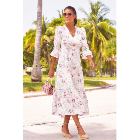 Limited Edition Victoria Cotton Sateen V-Neck Printed Dress | Waterlily Pink/White In Stock