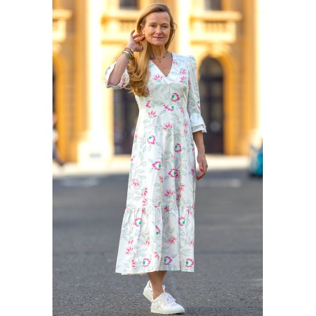 Limited Edition Victoria Cotton Sateen V-Neck Printed Dress | Waterlily Pink/White In Stock