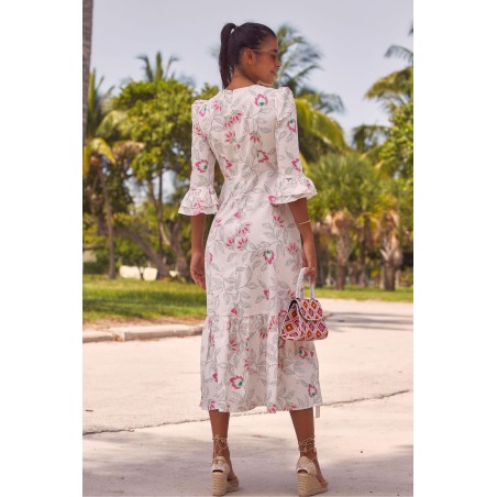 Limited Edition Victoria Cotton Sateen V-Neck Printed Dress | Waterlily Pink/White In Stock