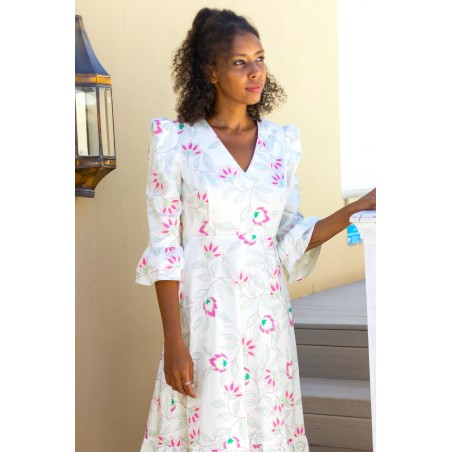 Limited Edition Victoria Cotton Sateen V-Neck Printed Dress | Waterlily Pink/White In Stock