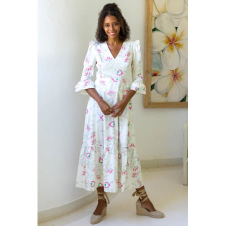 Limited Edition Victoria Cotton Sateen V-Neck Printed Dress | Waterlily Pink/White In Stock