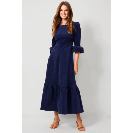 Limited Edition Victoria Round Neck 3/4 Sleeve Stretch Corduroy Dress | Atlantic Blue Ready for Shipment