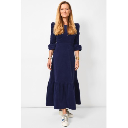 Limited Edition Victoria Round Neck 3/4 Sleeve Stretch Corduroy Dress | Atlantic Blue Ready for Shipment