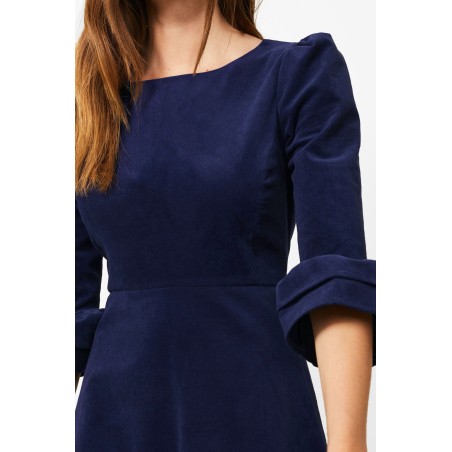 Limited Edition Victoria Round Neck 3/4 Sleeve Stretch Corduroy Dress | Atlantic Blue Ready for Shipment