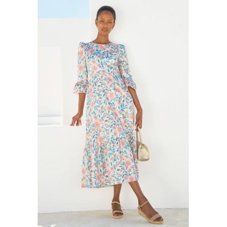 Limited Edition Victoria Round Neck Printed Cotton Sateen Dress | Pink/Blue On Hand Now