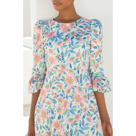 Limited Edition Victoria Round Neck Printed Cotton Sateen Dress | Pink/Blue On Hand Now