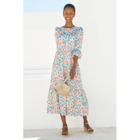 Limited Edition Victoria Round Neck Printed Cotton Sateen Dress | Pink/Blue On Hand Now