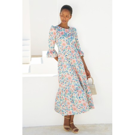 Limited Edition Victoria Round Neck Printed Cotton Sateen Dress | Pink/Blue On Hand Now