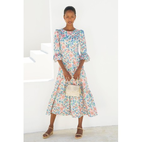 Limited Edition Victoria Round Neck Printed Cotton Sateen Dress | Pink/Blue On Hand Now