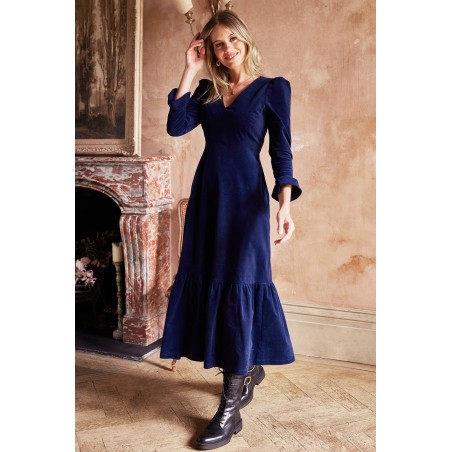 Limited Edition Victoria V-Neck Long Sleeve Stretch Corduroy Dress | Atlantic Blue Limited Stock