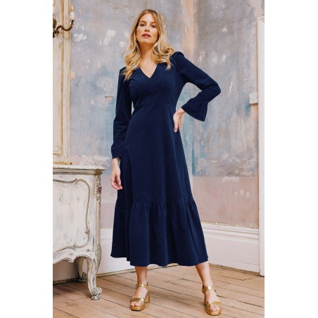 Limited Edition Victoria V-Neck Long Sleeve Stretch Corduroy Dress | Atlantic Blue Limited Stock