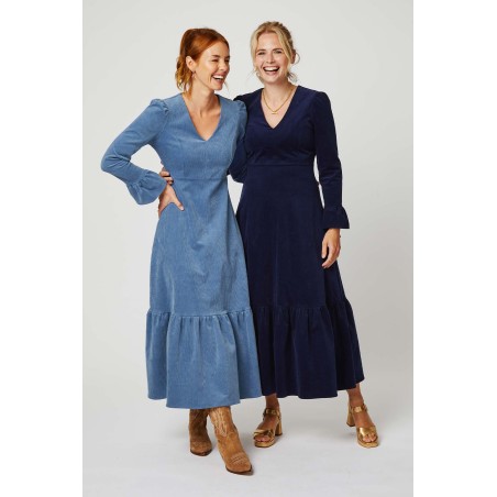 Limited Edition Victoria V-Neck Long Sleeve Stretch Corduroy Dress | Atlantic Blue Limited Stock