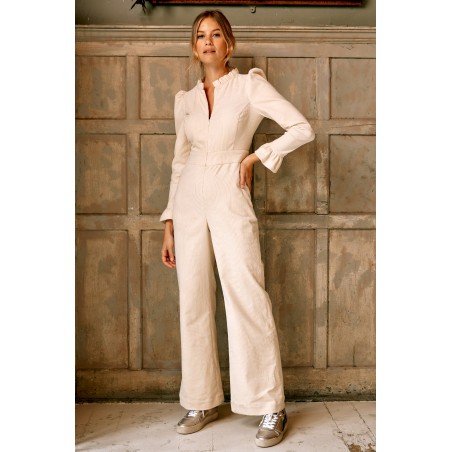 Limited Edition Zip Front Stretch Corduroy Jumpsuit | Cream Immediate Availability