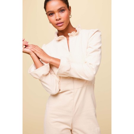 Limited Edition Zip Front Stretch Corduroy Jumpsuit | Cream Immediate Availability