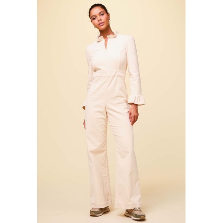 Limited Edition Zip Front Stretch Corduroy Jumpsuit | Cream Immediate Availability