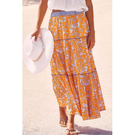 Limited Edition Becks Block Print Skirt | Japanese Flower Orange/Cobalt On Hand Now