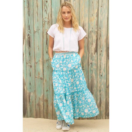 Limited Edition Becks Block Print Skirt | Ornate Flower Turquoise Fresh Release