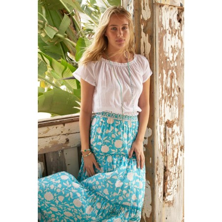 Limited Edition Becks Block Print Skirt | Ornate Flower Turquoise Fresh Release