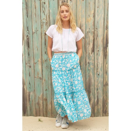 Limited Edition Becks Block Print Skirt | Ornate Flower Turquoise Fresh Release