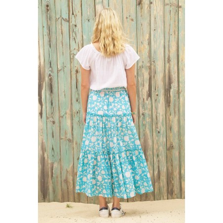 Limited Edition Becks Block Print Skirt | Ornate Flower Turquoise Fresh Release