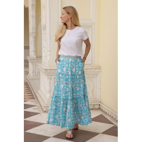 Limited Edition Becks Block Print Skirt | Ornate Flower Turquoise Fresh Release