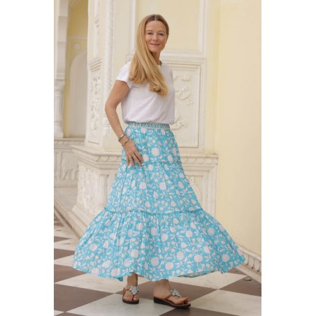 Limited Edition Becks Block Print Skirt | Ornate Flower Turquoise Fresh Release