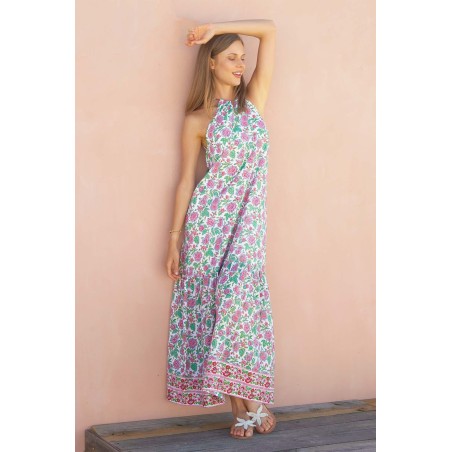 Limited Edition Bonnie Halter Block Print Maxi Dress | Pink/Green In Stock