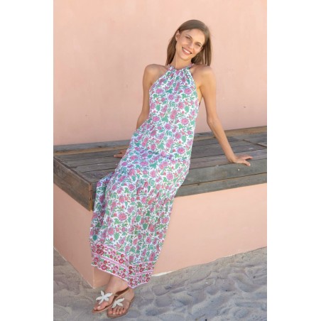 Limited Edition Bonnie Halter Block Print Maxi Dress | Pink/Green In Stock