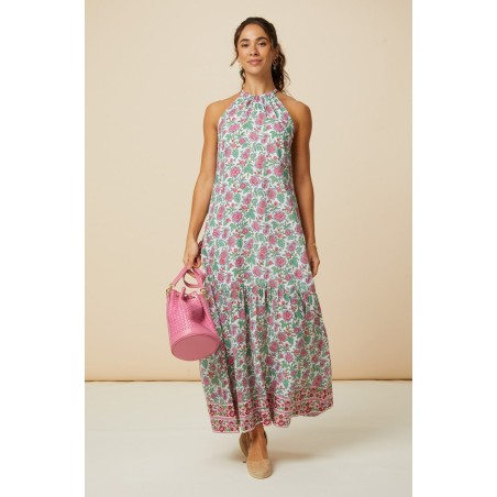 Limited Edition Bonnie Halter Block Print Maxi Dress | Pink/Green In Stock