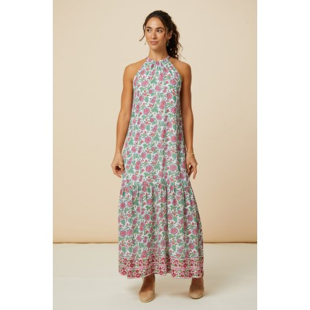 Limited Edition Bonnie Halter Block Print Maxi Dress | Pink/Green In Stock