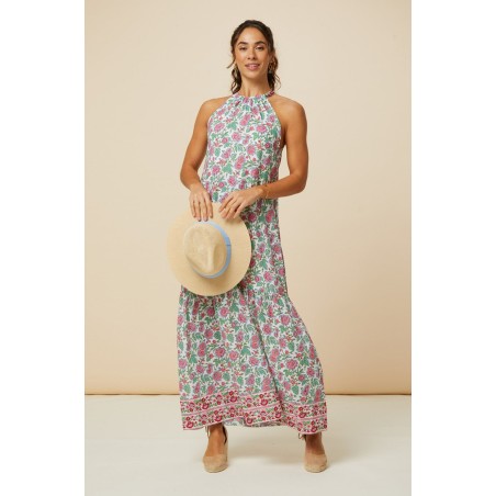 Limited Edition Bonnie Halter Block Print Maxi Dress | Pink/Green In Stock