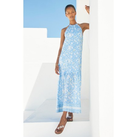 Limited Edition Bonnie Halter Block Print Maxi Dress | Blue/White Available for Immediate Shipping