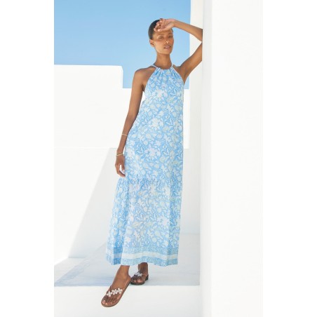 Limited Edition Bonnie Halter Block Print Maxi Dress | Blue/White Available for Immediate Shipping