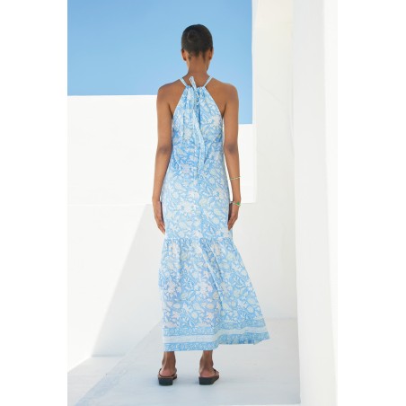 Limited Edition Bonnie Halter Block Print Maxi Dress | Blue/White Available for Immediate Shipping